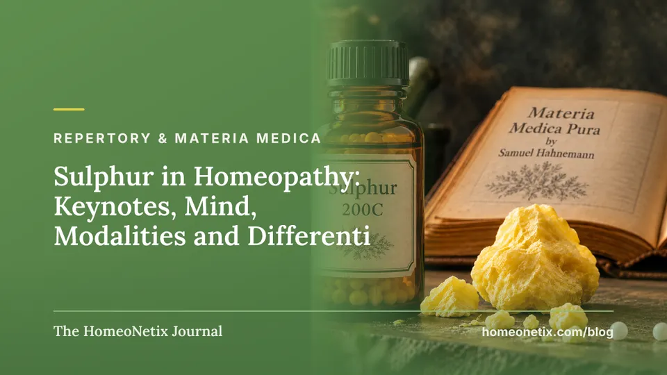 An amber homeopathic remedy bottle stands beside yellow sulfur chunks, white pellets, herbs, and an open antique book.