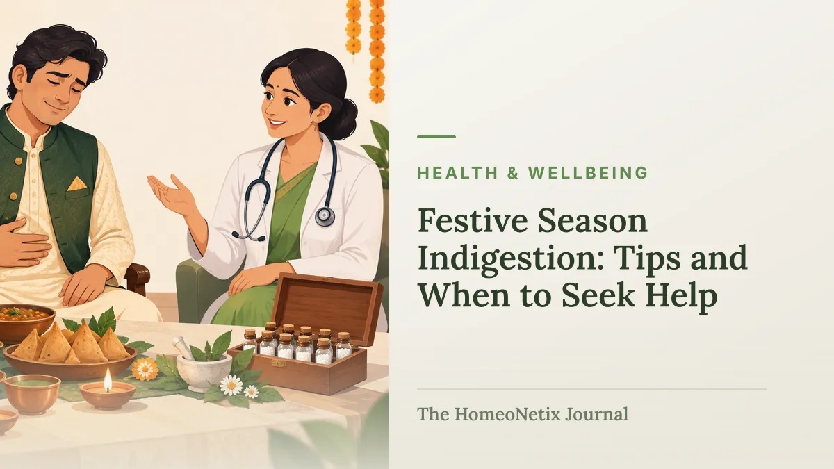 A doctor speaks with a seated man beside a festive table laden with food and small medicine bottles.