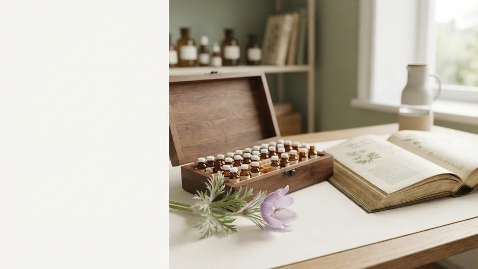 A wooden homeopathy remedy kit with glass vials, an open botanical book, and a flower on a table.