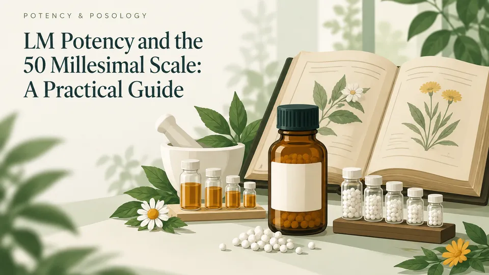 An open botanical guidebook sits behind homeopathic remedy bottles, a mortar and pestle, and leafy plants.