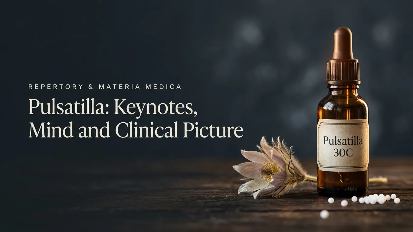 A brown dropper bottle labeled Pulsatilla 30C sits beside a dried flower and homeopathic pills on a dark wooden surface.