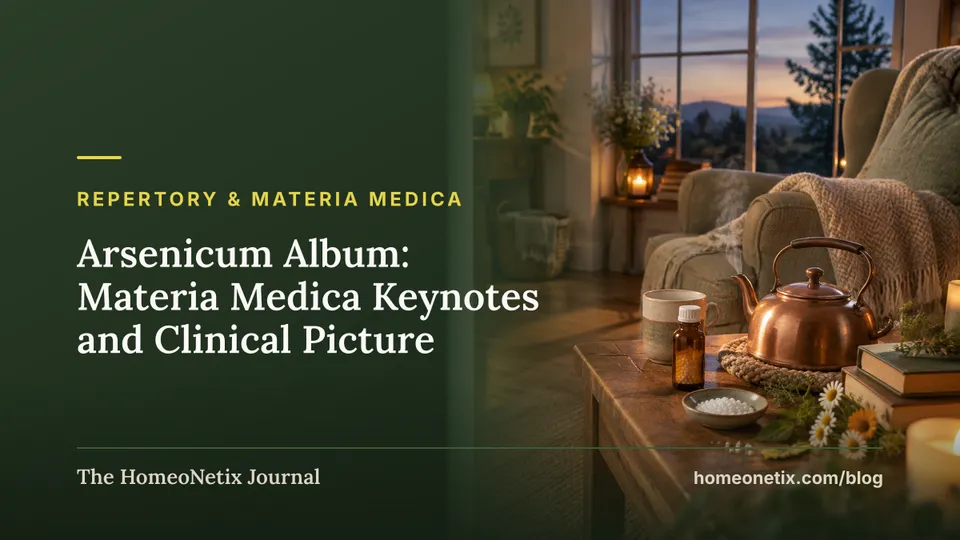 A cozy living room with a copper kettle, mug, homeopathic pellets, flowers, books, and candles on a wooden table.