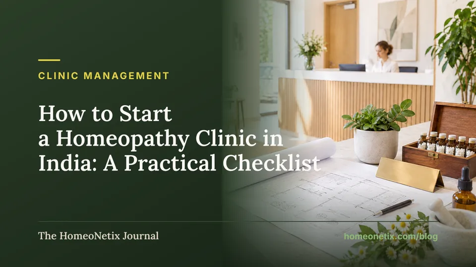 Bright clinic reception with a receptionist, plants, architectural plans, homeopathic remedy bottles, chamomile flowers, and a mortar and pestle.