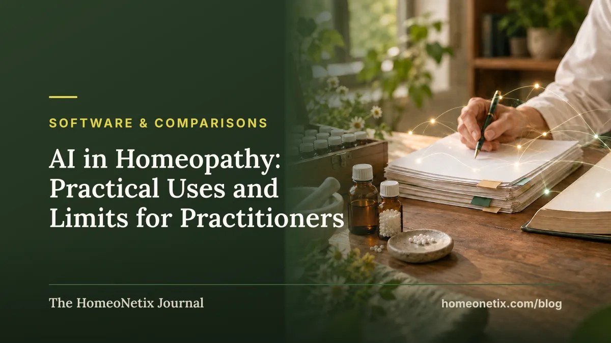 A person writes beside homeopathic remedies and an open botanical book, overlaid with glowing connecting lines.