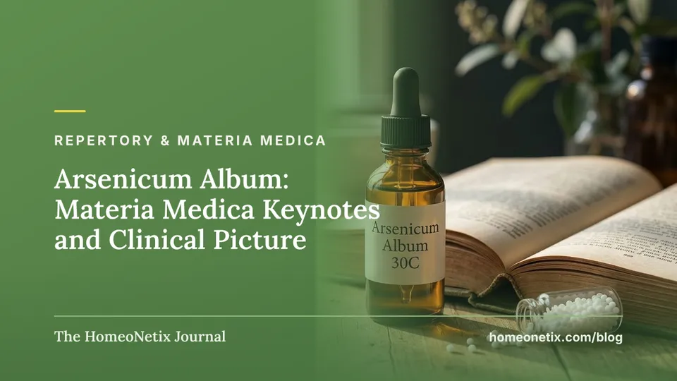 An amber glass dropper bottle labeled Arsenicum Album 30C sits next to an open book and homeopathy pellets on a wooden table.